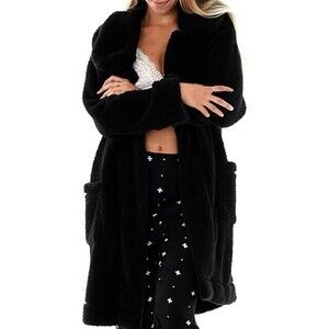 Paper Label Teddy Bear Faux Fur Coat Black Size L Women's Cozy NWT $145